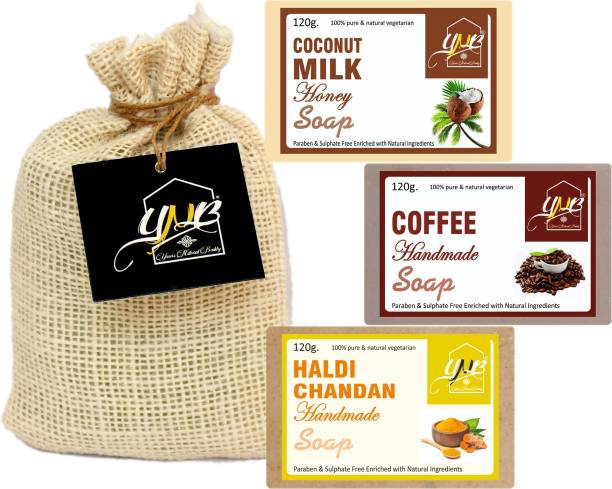YNB YOURS NATURAL BUDDY YOURS NATURAL BUDDY Assorted Organic Coconut Milk-Honey, Coffee & Haldi Chandan Handmade SLS & Paraben Free Soap 120g, (Pack of 3)
