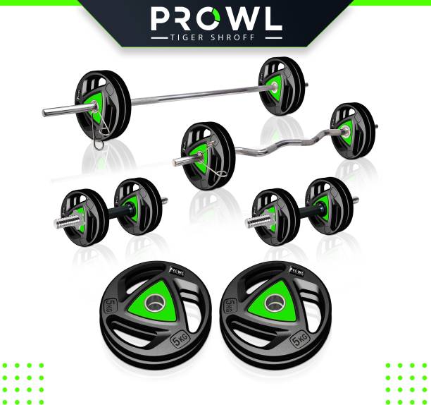 PROWL 20 kg Professional Metal Integrated Rubber Plates with 3 Ft Curl + 5 Ft Plain and One Pair Dumbbell Rods Home Gym Combo