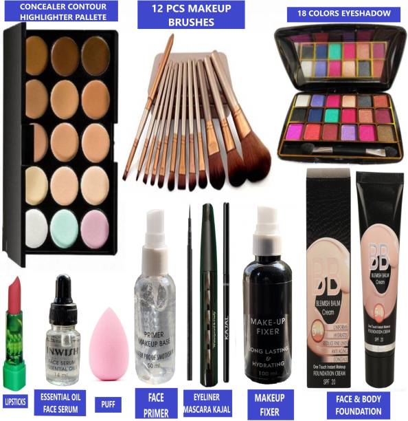 INWISH makeup kit combo pack box set of 23 with 18 colors EYESHADOW,12 MAKEUP BRUSHES,EYELINER,MASCARA,KAJAL,MAKEUP FIXER,FACE PRIMER,ESSENTIAL OIL FACE SERUM,LIPSTICK,3 IN 1 MAKEUP PALLETE,FOUNDATION,PUFF