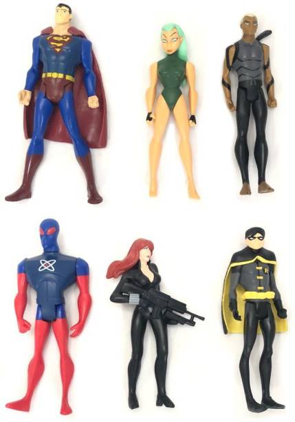Mubco Mini Model Super Hero DC Comic Young Justice Action Figures Statue Cake Topper | Superman, Whisper, Aqualab, Micron, Black Widow & Robin Kids Toys Set of 6