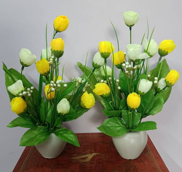 BK Mart Set of 2 Table Flower Top Yellow, White Rose Artificial Flower  with Pot
