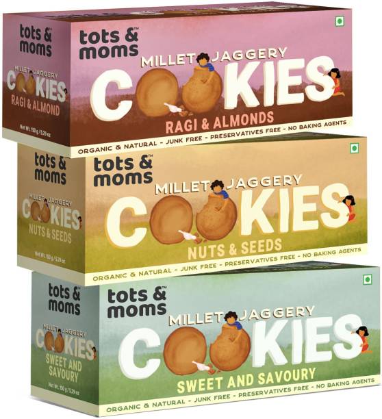 TOTS AND MOMS Healthy & Nutritional Millet & Jaggery Cookies pack of 3| Ragi & Almonds | Nuts & Seeds| Sweet & Savory|150 gm each Multi Grain