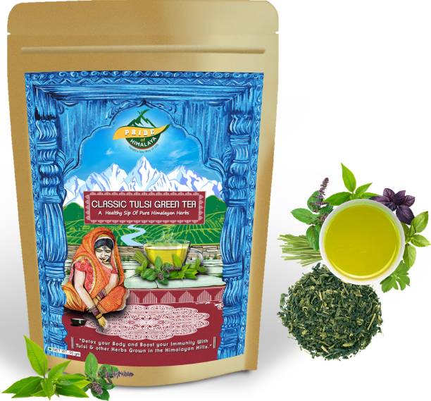 PRIDE OF HIMALAYA Tulsi Green Tea | Himalayan Classic Tulsi Tea For Immunity Boosting , Relieve Stress, Weight Loss | Herbal Tulsi Green tea infusion for natural detox and calm sleep | ayurvedic basil herbs flavored loose tea (50 gm) | Tulsi chai Tulsi Green Tea Pouch