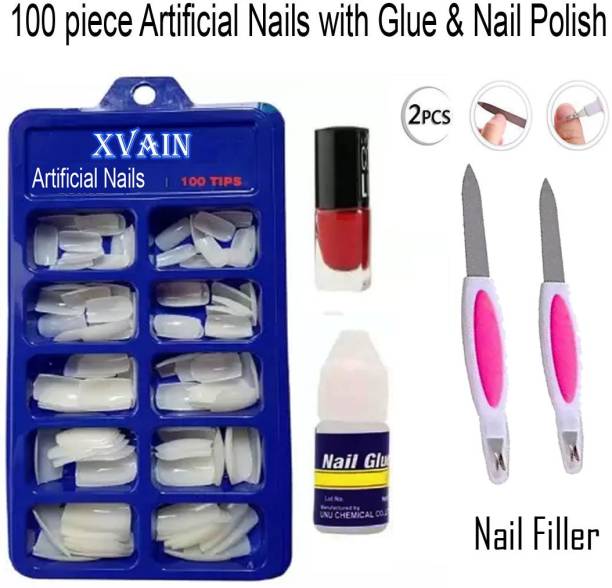 XVAIN Artificial nails with nail polish and 2 piece nail filler, 100 Pcs Reusable Acrylic False Nails With Nail Glue and 2 piece Nail Filler For Women's & Girls White (Pack of 100) WITH DIFFERENT SHAPES AND STYLES WHITE White