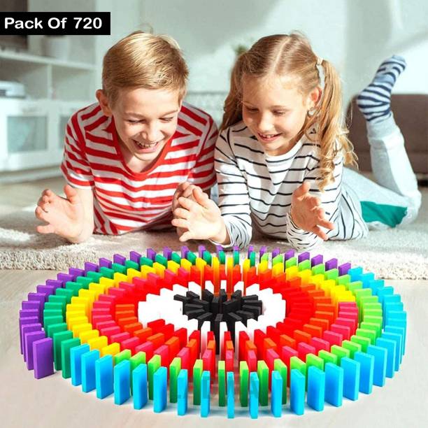 Ladwa 720 pcs 12 Color Wooden Dominos Blocks Set, Kids Game Educational Play Toy, Domino Racing Toy Game