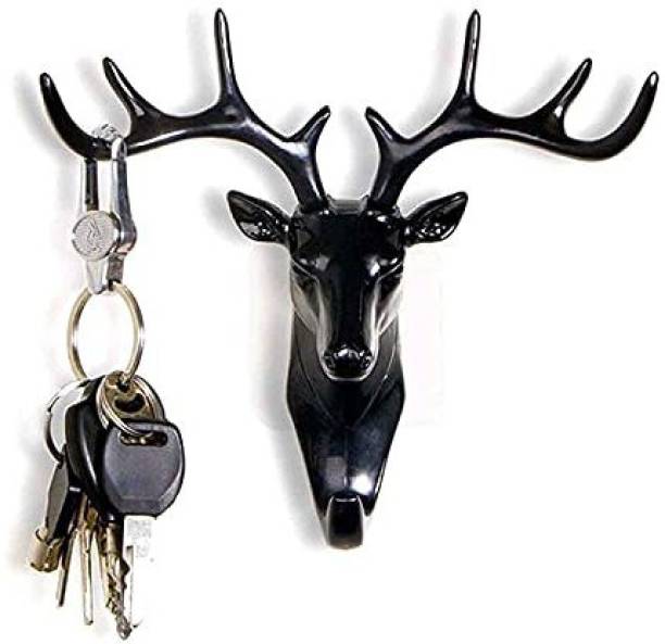 HomeGini Deer Head Hanging Hook, Self Adhesive Wall Door Hook Hanger Bag Keys Sticky Holder (Black) Stainless Steel Key Holder