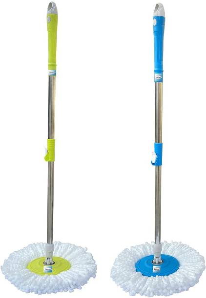mega shine Multi color 360 Spin Mop Stick Expandable 2 pcs Stainless Steel Stick Rod with 2 Head Refill for Home and Office Cleaning Mop Rod
