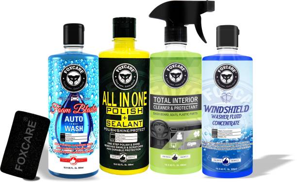 FOXCARE Total interior cleaner, All in one polish + sealant, Windshield washer liquid, Foam blaster - auto wash shampoo, 1- Sponge applicator Combo