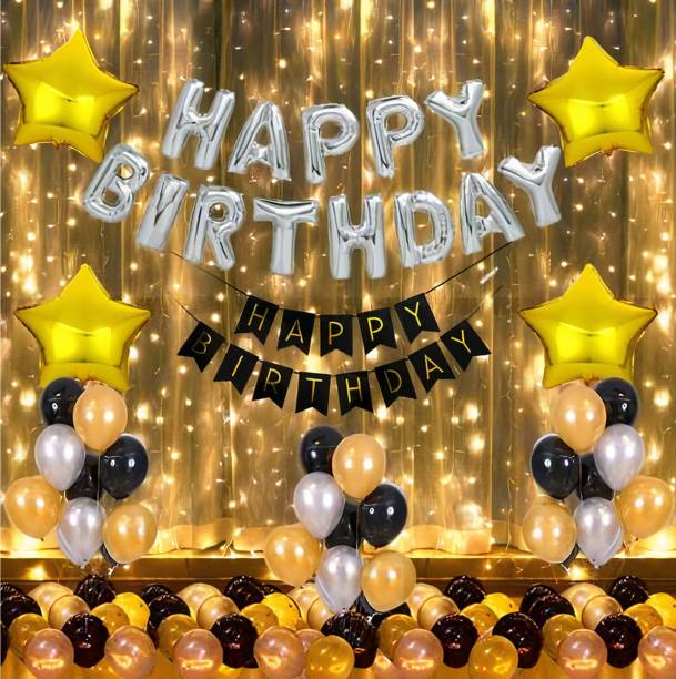 Party Station Solid Pack of 66 pcs Birthday Decoration Kit - 1 Set of Happy Birthday Silver Foil Balloon + 1 set of Happy Birthday Card Banner + 45 pcs of Black, Silver & Golden Metallic Balloons + 4 pcs of Golden Star Foil Balloon + 2 pcs of 10mtr fair light + 1 Balloon Pump Balloon Balloon