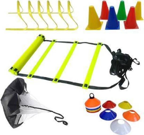 Jaxton® Speed Hurdles Combo four meter super speed agility ladder, marker cones, speed running parachute,9 inch hurdle & 50 Saucer cone Football Kit Football & Fitness Kit