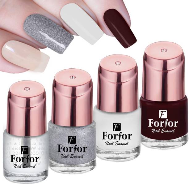 FORFOR Perfect Stay Glossy Nail Polish Combo of 4 Transparent , Shiny Silver , Glossy White , Glossy Maroon