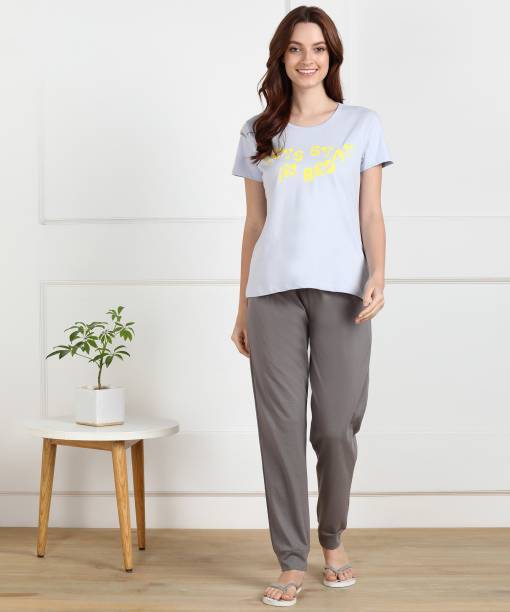 DreamBe Women Printed Blue, Grey Top & Pyjama Set