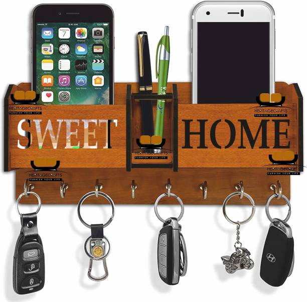Heritagecrafts Special Designer Sweet Home Unique Wooden 2 Pocket Mobile and Pen holder 8 Hooks Wood Key Holder