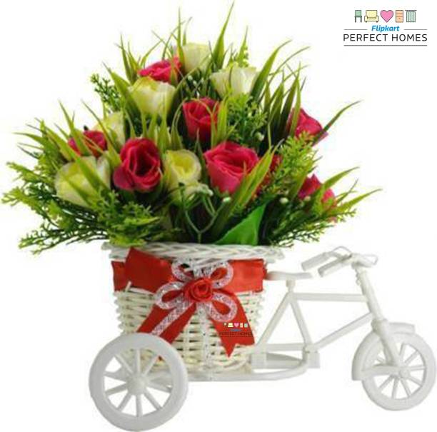 Flipkart Perfect Homes Romantic Cycle Gifts with Flower for Wife, Girlfriend, fiance On Valentine's Day, Karwa Chauth and any special Occasion, Plastic Flower Cycle Basket with Artificial Flower pink, Yellow, Green Rose Artificial Flower with Pot Multicolor Rose Artificial Flower  with Pot