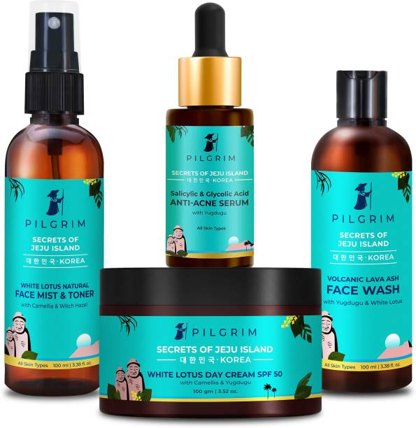Pilgrim Acne Care Essentials Combo Kit | Face Wash 100ml, Face Toner 100ml, Face Cream SPF50 100g, Anti-Acne Serum 30ml | Fights Prevents Acne | Skin Types | Korean Beauty