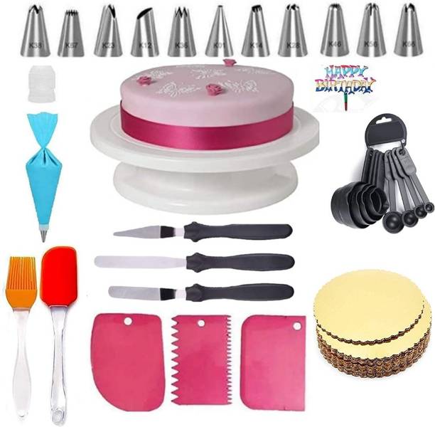 SHREE SADGURU CREATION Combo of Cake Making -001 Combo of Cake Making Revolving Turntable,12 Piece Decorating nozzles, Coupler Silicone Icing Bag, with 1 Cake Base, 3 Icing Spatula,8 Piece Spoon ,1 Set of silicon Spatula and 3 Icing Smoother and 1 Birthday tag free Multicolor Kitchen Tool Set