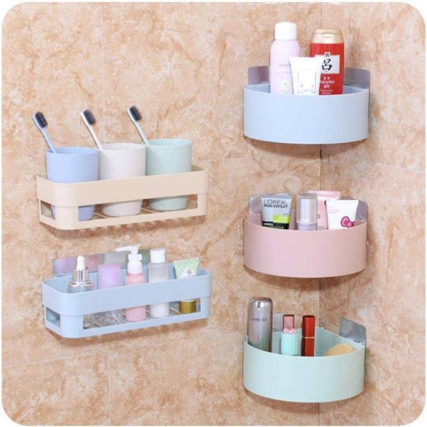 KRONIC Pack of 5 Plastic Kitchen Bathroom Storage Corner and self Rack with Sticker Plastic Kitchen Cabinet
