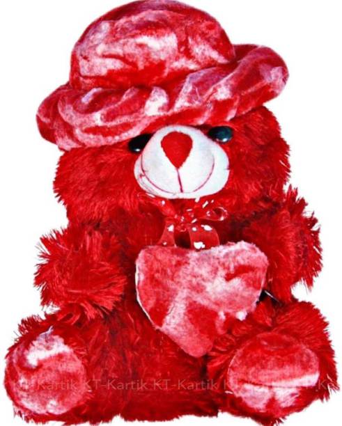 KT-kartik Red Heart Cute Teddy Bear Red Cap White Teddy Bear Red Heart  - 30 cm