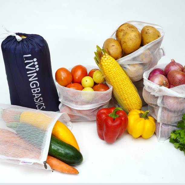 LivingBasics LIVINGBASICS Set of 12 Premium Double Layer Air Circulating Reusable Fridge / Refrigerator Bags / Pouches / Packs for Vegetables and Fruits Having Zip With Storage Bag (4 Large, 4 Medium and 4 Small Size) Pack of 12 Grocery Bags