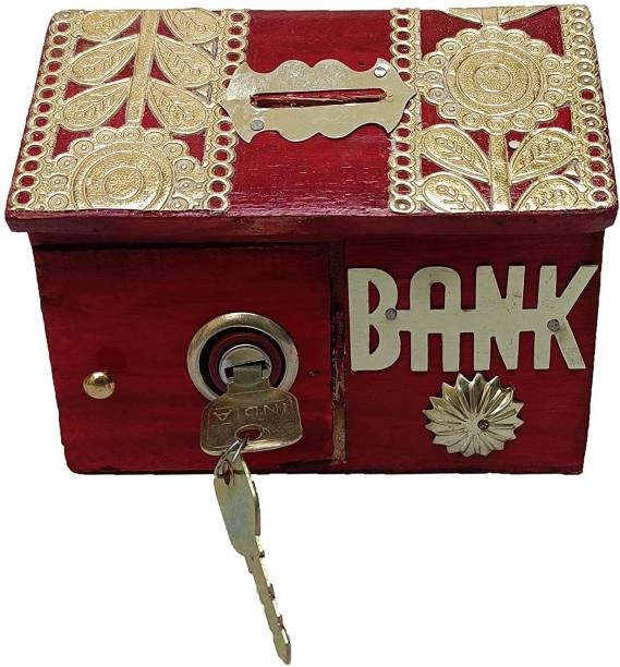 Green Wood Beautiful hut shape wooden money bank for kids with 2 keys and lock system