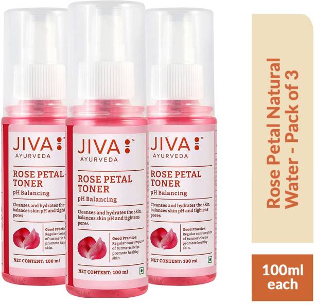 JIVA AYURVEDA Rose Petal Natural Water - Natural Toner for All Skin Types - Balances pH & Hydrates Skin - 100 ml Each- Pack of 3 Men & Women