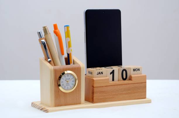 SURYA 2 Compartments Wooden CALENDAR WITH CLOCK PEN STAND MOBILE STAND