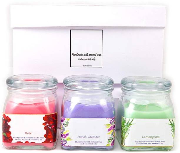BREVVA XIX®-586-JN-Scented Soy Wax Candles, 3 Square Jar with lid Gift Set, Jar, Premium Long Lasting Aromatherapy Candles for Valentines Day Wedding Candle