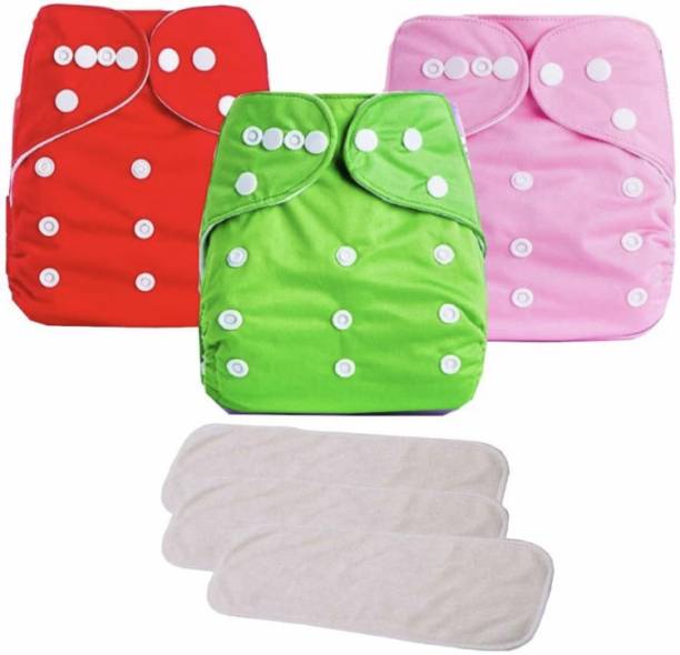 kogar All New Solid Reusable Red Green Pink Cloth Button Diaper With White Insert For Baby New Born To 2 Year (3 Diaper +3 Insert )R02 - M - L