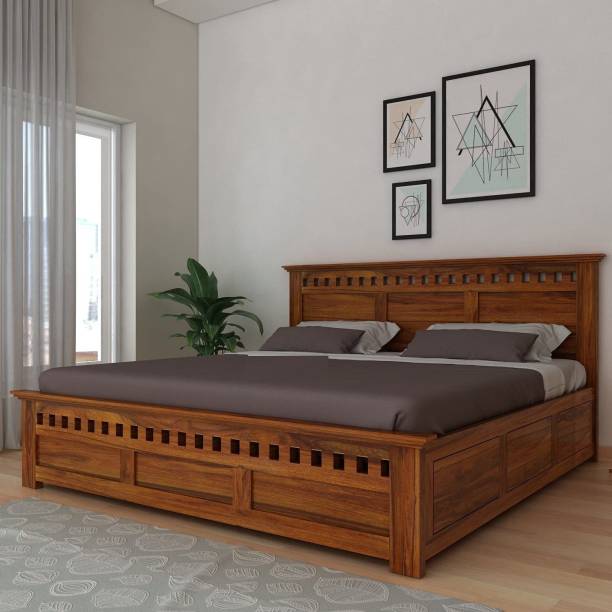 TG FURNITURE Solid Sheesham Wood Armania Queen Size Bed with Box Storage for Living Room Solid Wood Queen Box Bed