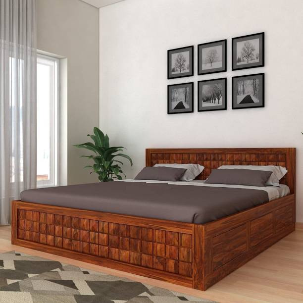 Modway Solid Sheesham Wood Queen Size Bed with Storage Box for Living Room Bedroom Home Hotel Wooden Double Bed Furniture (Honey Finish) Solid Wood Queen Hydraulic Bed