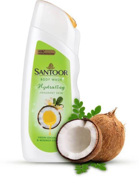 SANTOOR Hydrating Skin Body Wash,Enriched With Virgin Coconut Oil & Moringa Extracts, Soap-Free, Paraben-Free, pH Balanced Shower Gel