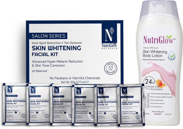 NutriGlow NATURAL'S Advance Pro Formula Skin Whitening Facial Kit (60gm) With Skin Whitening Body Lotion For pH Balanced& Brightening Skin - (200ml)