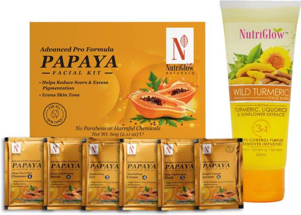 NutriGlow NATURAL'S Advance Pro Formula Papaya Facial Kit (60gm) & Wild Turmeric Face Wash For Skin Lightening & Spotless Skin - (65ml)