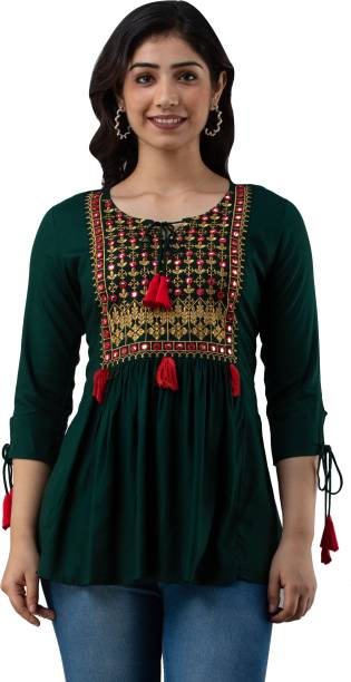 ANNU PARIDHAN Casual Embroidered Women Green Top