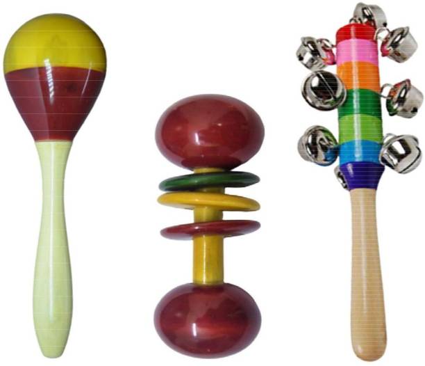 WudCraft Wooden Baby Rattle Non Toxic Infants Music Toys - Combo bundle of 3 pcs - Colorful Desi kids toys Rattle