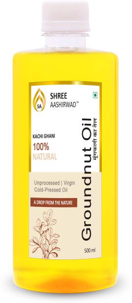SHREE AASHIRWAD Cold Pressed 100% Pure & Natural Kachi Ghani Groundnut Oil/Peanut Oil - 500 Gram Groundnut Oil PET Bottle