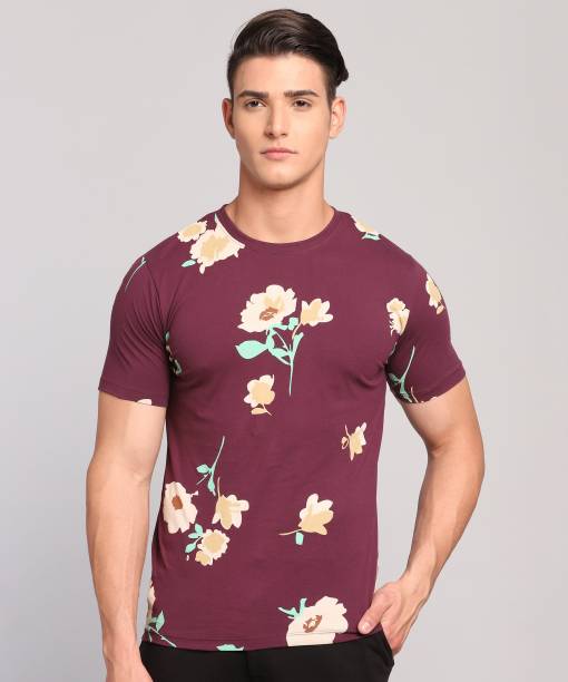 French Connection Floral Print Men Round Neck Purple T-Shirt