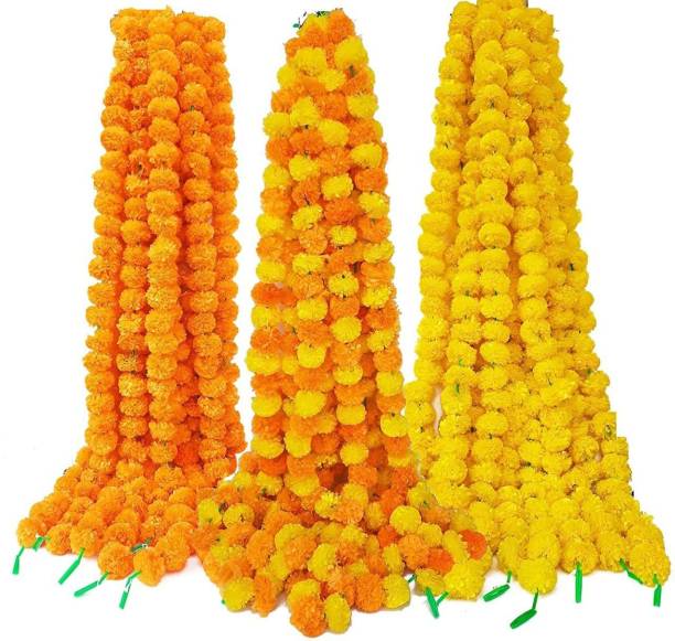 PRIDE STORE Marigold Fluffy Flowers Garlands for Decoration - Pack of 15 and 5 ft long height fluffy flower garland Plastic and thread Garland