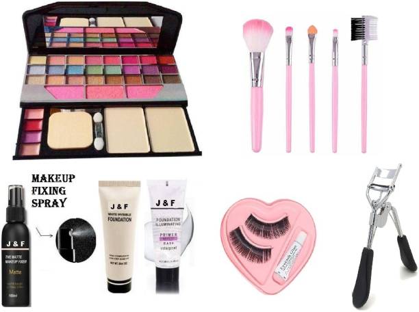 J & F 5 Pc makeup Brush Set With Makeup Kit 6155 , Fixer , High Quality Foundation , primer , Eyelash Curler With Eyelashes