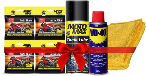 Motomax Pidilite Bike Care Kit with Microfiber Cloth, Clean, Protects and Shines Interiors/Exterior of Bike, Motorcyles, Includes Chain Lubricant, Instashine, WD 40 and Buffing Cloth Combo