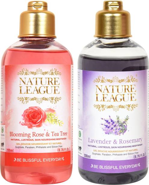 Nature League LAVENDER AND ROSEMARY + BLOOMING ROSE AND TEA TREE | Silky and Skin Nourishing | Ayurvedic Bodywash |2 x 200 ml Bottle | Sulphate Free | Paraben Free | Phthalate Free | Cruelty Free | Silicone Free | Made with Natural Extracts | Vitamin – E | Free from harmful chemicals.
