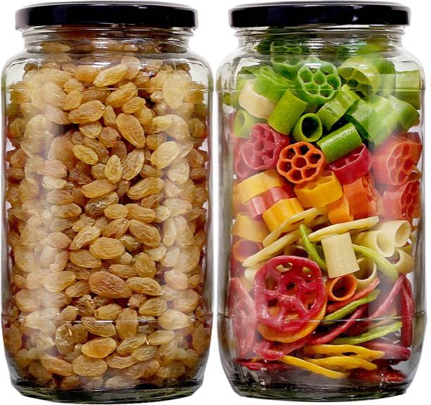 PANEL'S Air Tight Kitchen Storage 1100 Ml long Glass Jar with Black Metal lid- Spice Masala,Dry fruit ,Pickles Jar- - 1100 ml Glass Grocery Container (Pack of 4, Clear)-1100 ml  - 1100 ml Glass Grocery Container