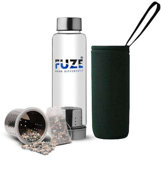 FUZE Borosilicate Glass Bottle with Removable Filter and Alkaline Balls. 599 ml Bottle