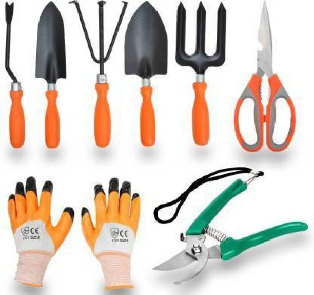 IBEX Set of 8- Trowel Set of 5, Pruner, Multipurpose Scissor & Gloves Garden Tool Kit