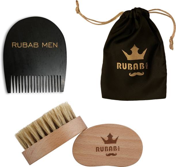 RUBAB MEN Beard Brush & Comb Combo - 100% Boar Bristle Beard Brush & Handcrafted Wooden Beard Comb Kit with Pouch