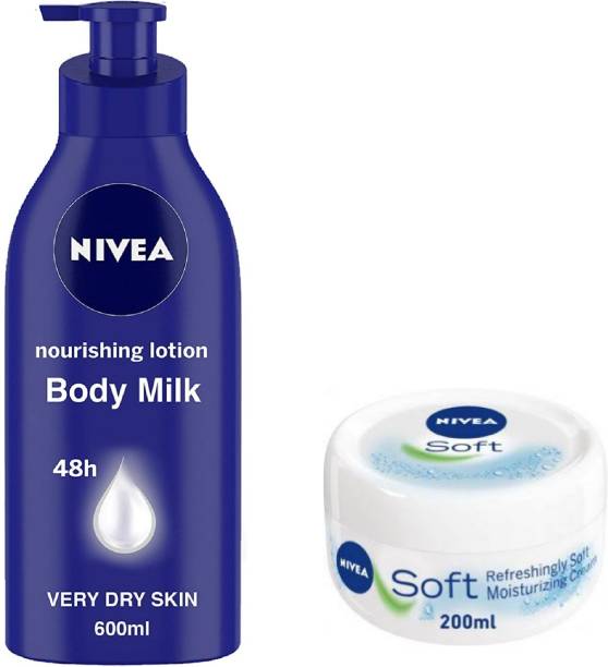 NIVEA Nourishing Lotion Body Milk With Deep Moisture Serum 600 ML , SOFT CREME 200 ML