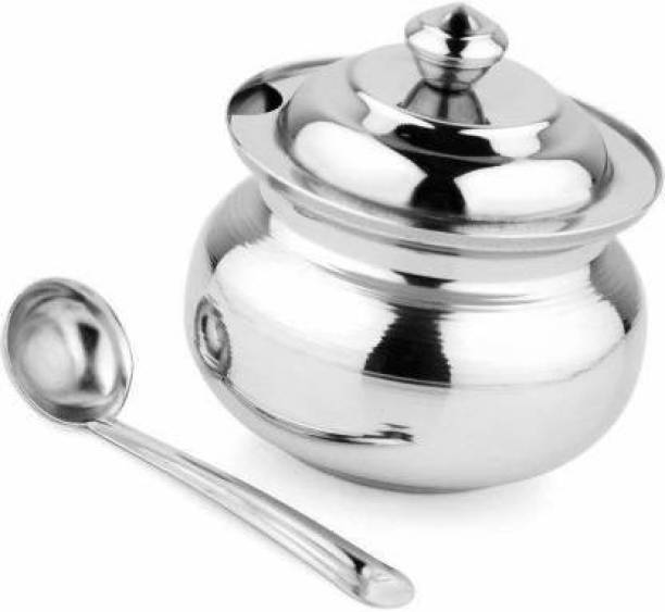 Finetouch Stainless Steel Ghee Pot/Jar 400 ML With Spoon Pot 9 cm diameter 0.4 L capacity with Lid
