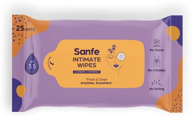 Sanfe Intimate Wipes- Pack of 25 I Lavender & Chamomile | Soothing Fragrance | Intimate Wipes | Odour Free | Refreshing I Anti-Bacterial I Hyderating Intimate Wipes