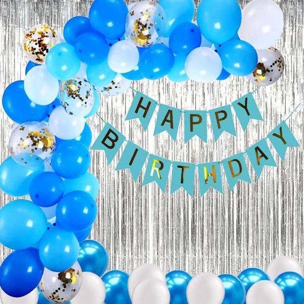 Realistic Store Printed Happy Birthday Blue Banner 30 Pc Metallic Balloon 2 Shiny Silver Fringe Curtain 5 Golden Confetti Balloon