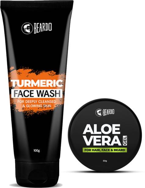BEARDO Turmeric Facewash for Men (100g), Aloe Vera Gel For Hair, Face & Beard (50g)